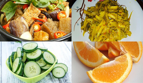 đậu hũ, dưa leo, cam, dưa chua là Các món ăn thanh đạm