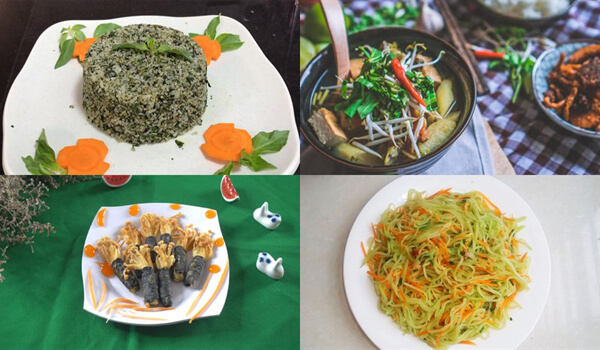 cơm chiên, canh, rau xào