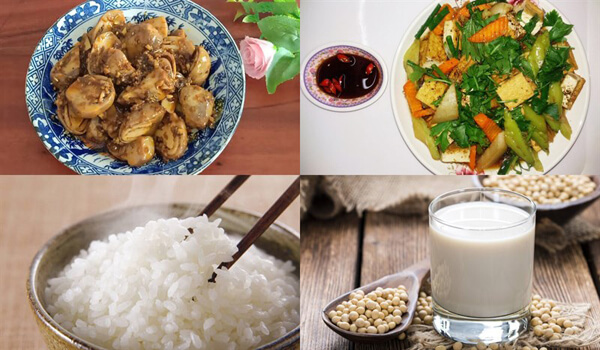 Các món ăn thanh đạm gồm có rau củ xào, sữa, cơm trắng