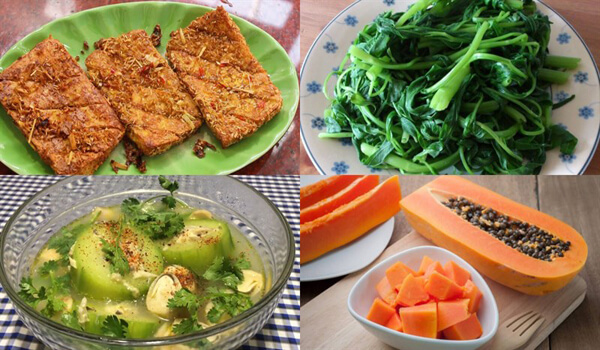bữa cơm thanh đạm đậu hũ, rau luộc, đu đủ