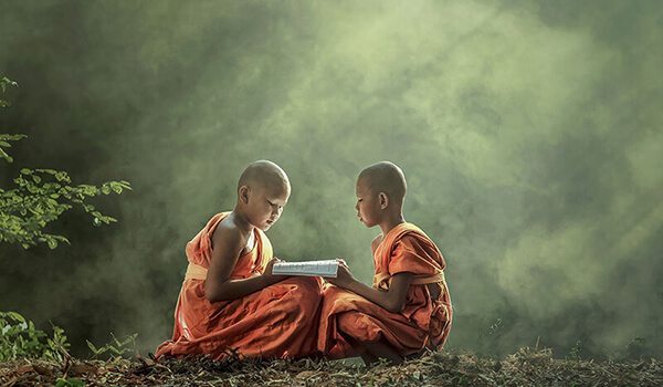 thầy tu ngồi trong khu rừng
